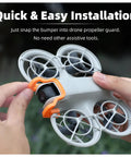 Quick-Release Gimbal Bumper For NEO Drone being installed, showing easy snap-on design and drone compatibility.