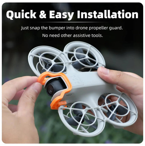 Quick-Release Gimbal Bumper For NEO Drone being installed, showing easy snap-on design and drone compatibility.