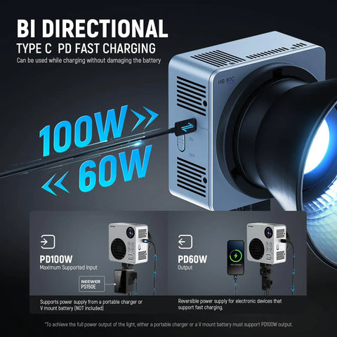 RGBWW LED Video Light With 72Wh Battery And 100W PD Fast Charging display with charging cable