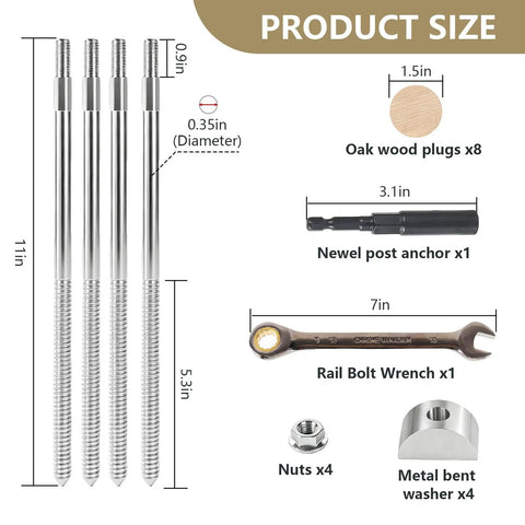 Heavy Duty Newel Post Mounting Kit With Concealed Stair Railing Fasteners Full Hardware Bundle Packs showing steel bolts, oak plugs, and wrench.