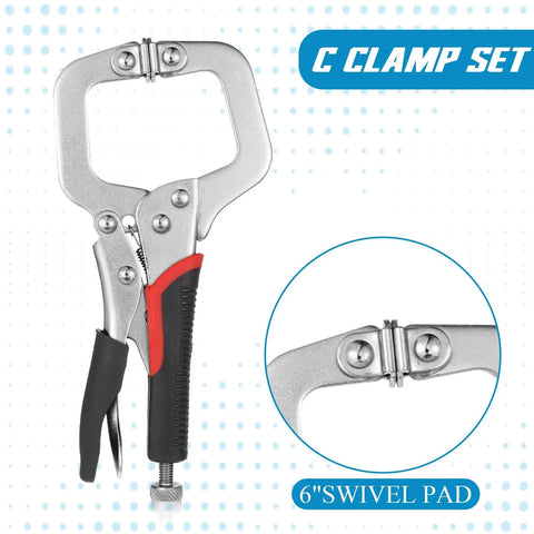 4 Piece Locking C Clamp Set Heavy Duty Welding Clamps Pliers Vise Grips With Swivel Pads 6 Inch 9 Inch 11 Inch Tough Grip For Craftsmen Home Workshop Projects, 6 inch swivel pad clamp close-up