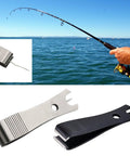 Two Pack Stainless Steel Fishing Line Cutter Nippers with Hook Eye Pin and a fishing rod in use