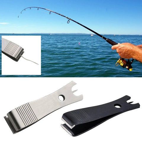 Two Pack Stainless Steel Fishing Line Cutter Nippers with Hook Eye Pin and a fishing rod in use