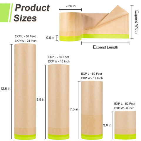 Masking Paper And Tape Set For Painting Projects 4 Rolls 50 Feet Each Assorted Sizes Waterproof Drape Paper For DIY Pros