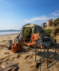 30000 BTU Propane Outdoor Stove With Adjustable Height Single Burner Heavy Duty Cooker set up on sandy beach with camping gear