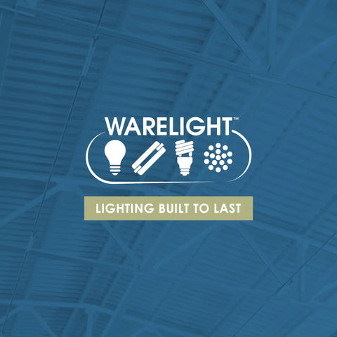 Warelite logo with lighting symbols, "Lighting Built To Last" tagline on a blue industrial background