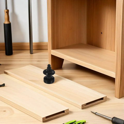4 Pack Adjustable Furniture Leveling Legs With Three Eighths Inch Thread 16 UNC near wooden cabinet on floor