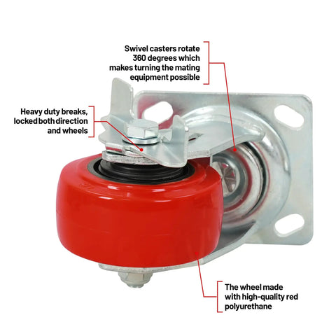 Heavy Duty 4 Inch Red Polyurethane Swivel Caster With Wheel Brake, 550 Lbs Rugged Capacity, Nonmarking Floor Savin Rubber Wheel, Smooth Cruisin Industrial Swivel Roller For Heavy Loads And Equipment