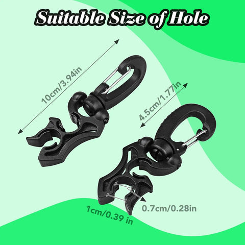 Black plastic double hose clips with snap hook for BCD, dimensions labeled, part of Three Pack Diving Hose Holder Clips For BCD Hose Management