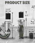 Dimensions of 4 Inch Prep Table Caster Wheels Set Of 4 With Expanding Stem From One And A Half Inch To One And Five Eighths Inch Swivel Casters with side brake, wrench, and spacer.