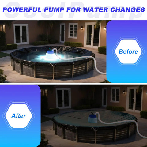 All Weather Navy Pool Cover Pump With Lights, Submersible Sump Pump For Above Ground Pools in use, before and after water removal