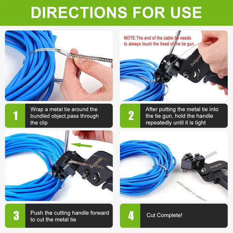 Directions for using Heavy Duty Metal Cable Tie Gun Kit With 30 Stainless Steel Self Locking Ties for securing wires.