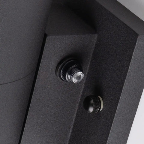 Close-up of Dusk To Dawn Outdoor Porch Light Dual Head Wall Sconce With Photocell Sensor Matte Black Aluminum Cylinder