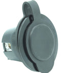 Outdoor 15 Amp NEMA 5-15 Flanged Outlet Weatherproof Receptacle Black Surface Mount Front And Back Covers, side view