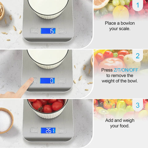 Pro Grade Ultra Precise Kitchen Scale For Cooking And Meal Prep With Easy Unit Conversion In Grams Ounces Milliliters And Kilograms, showing tare feature in use with tomatoes