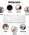 Extended XL White Gaming Mouse Pad With Stitched Edges Minimalist Topographic Map Desk Mat shown for multiple uses