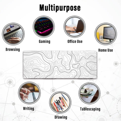 Extended XL White Gaming Mouse Pad With Stitched Edges Minimalist Topographic Map Desk Mat shown for multiple uses