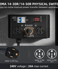 Manual Electric Vehicle Charging Switch For Dryer And Daily Charger, 24Amp 240V Power Splitter With Safety Breaker, Hand Rotated Toggle, Plug And Play Nema 14-30 To 14-50 Adapter, Smooth Operator Design No Sweat Setup, features two outlets and LCD display.