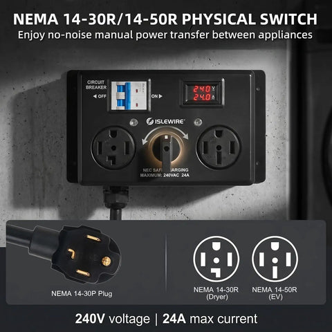 Manual Electric Vehicle Charging Switch For Dryer And Daily Charger, 24Amp 240V Power Splitter With Safety Breaker, Hand Rotated Toggle, Plug And Play Nema 14-30 To 14-50 Adapter, Smooth Operator Design No Sweat Setup, features two outlets and LCD display.