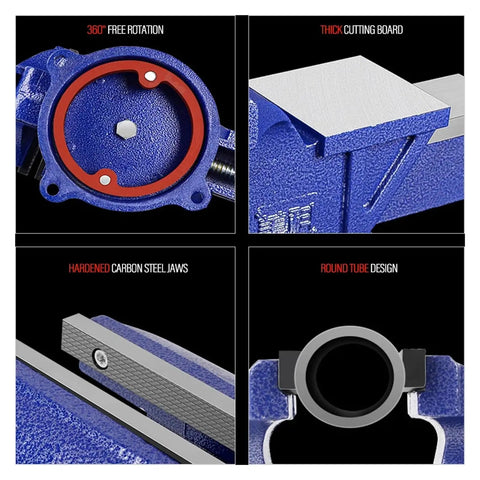 Street Smart 6 Inch Portable Bench Vise With 360 Degree Swivel Base And No Sweat Quick Grip Handle showcasing 360° rotation and hardened jaws.