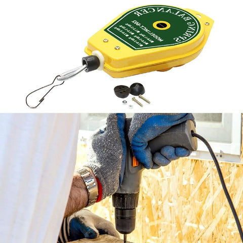 Spring Balancer Hanging Fixture Holder With Lock For Easy Tool Handling Pro Grade Portable Retractable Support 0.5kg To 1.5kg Weight Capacity Ideal For Workshops Garages And Job Sites, yellow spring balancer with hooked cable and drill use