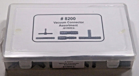 Front view of Disco Automotive 8200 vacuum connector assortment in a clear plastic storage case