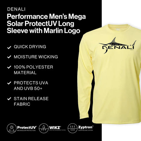 Men's UPF 50+ ProtectUV Mega Solar Long Sleeve Shirt, yellow with Marlin logo, moisture-wicking, UVA/UVB protection, polyester