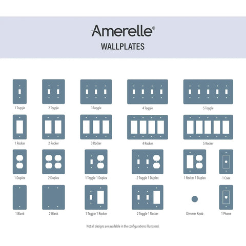 Amertelle wallplates chart matching various designs, including options for duplex outlets and toggle switches.