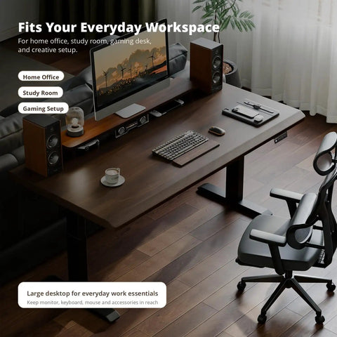 Solid Rubberwood Electric Standing Desk With Crisp Walnut Top, Smooth Single Motor Lift, Total Game Changer For Chill Home Office Computer Workstations That You Will Love All Day Long, large desktop with speakers.