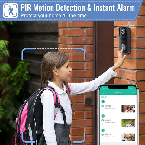 Child using Wireless 1080P Video Doorbell With Chime, Battery Powered, 32GB SD Card Preinstalled, No Monthly Fees, 2-Way Audio
