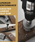 Tungsten carbide hole saw cutting metal, showcasing Heavy Duty Carbide Hole Saw Kit For Metal Pro Grade 14 Piece Set with bonus drill bits.