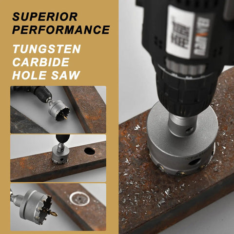 Tungsten carbide hole saw cutting metal, showcasing Heavy Duty Carbide Hole Saw Kit For Metal Pro Grade 14 Piece Set with bonus drill bits.