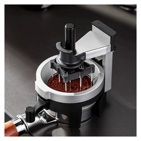 58mm Espresso WDT Distribution Tool With Twelve Sleek Needles And Fully Adjustable Depth over coffee grounds in portafilter.