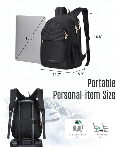 Travel Backpack For Women With 15.6 Inch Laptop Compartment And USB Charging Port Water Resistant Large Capacity Go To Daypack next to laptop for size comparison.