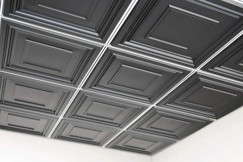 Modern Black PVC Wall Panels 24 By 24 Inch Pack Of 12 For Drop Ceiling Grids Or Flat Substrates installed on ceiling grid