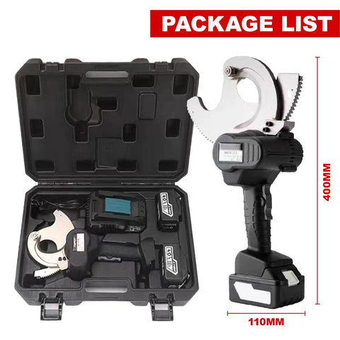 18V Cordless Ratchet Cable Cutter With Cutting Range Up To 75 Mm in case, showing accessories and battery packs