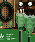 Heavy Duty 25 Foot L6-30 Generator Cord With 30 Amp 250V Rating And 7500W Capacity, L6-30P To L6-30R Twist Lock Power Cable, 10 Gauge SJTW For Welders And Brewing Gear In Tough Industrial Settings ETL Listed, green 25ft cord with L6-30P and L6-30R plugs
