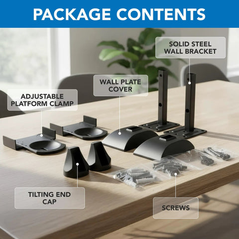 Package contents showing parts of Universal Side Clamping Speaker Wall Mounts Pair For Large Or Small Bookshelf Speakers in black.