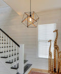 Dope Black Geometric Art Deco Pendant Light With Wood Accents Modern Industrial Hanging Fixture in bright entryway