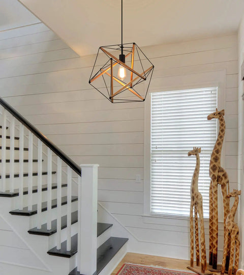 Dope Black Geometric Art Deco Pendant Light With Wood Accents Modern Industrial Hanging Fixture in bright entryway
