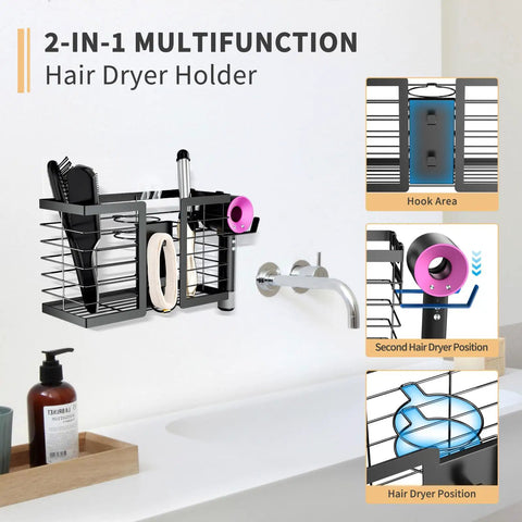 3 In 1 Metal Hair Tool Organizer Wall Mounted Holder For Hair Dryer, Flat Iron, Curling Iron, Straightener And Styling Tools