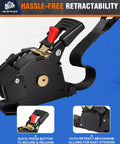 Heavy Duty Retractable Ratchet Straps 4 Pack One Inch By Ten Feet Black Cargo Tie Downs showing auto-retract mechanism and quick press button.