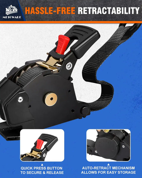 Heavy Duty Retractable Ratchet Straps 4 Pack One Inch By Ten Feet Black Cargo Tie Downs showing auto-retract mechanism and quick press button.