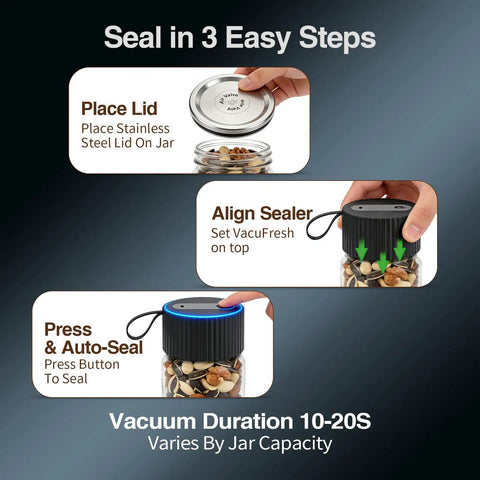 Step-by-step guide for Portable 3-in-1 Electric Vacuum Mason Jar Sealer Kit for sealing jars with snacks.