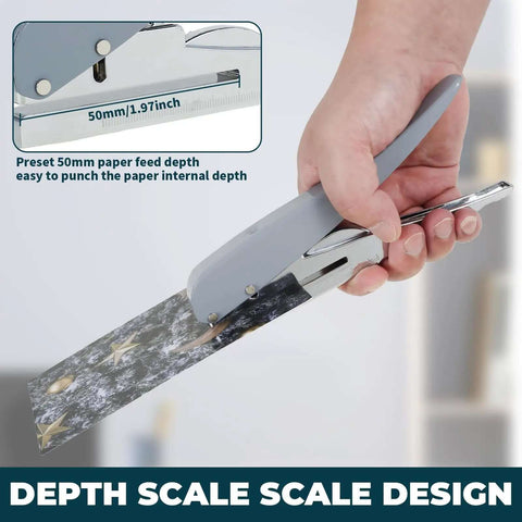 Person using Heavy Duty Handheld Hole Puncher with preset depth scale, built tough with 0.12, 0.24, and 0.31 inch hole sizes for 25 sheets.
