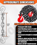 Beefy Half Inch G80 Trailer Tow Chain Ten Foot With Red Clevis Grab Hooks EP Black Finish 12000 LB WLL Logging Chain dimensions