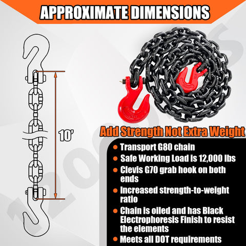 Beefy Half Inch G80 Trailer Tow Chain Ten Foot With Red Clevis Grab Hooks EP Black Finish 12000 LB WLL Logging Chain dimensions