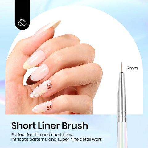 Hand holding nails painted with floral detail next to 7mm brush tip from 5 Pcs Nail Art Liner Brush Set With Metal Handles For Long Lines And Fine Details In 7mm 11mm 15mm 20mm And 25mm Sizes Perfect For Dotting, Painting, Gel Nail Art, Detailing, And DIY Mani Gift For Women.