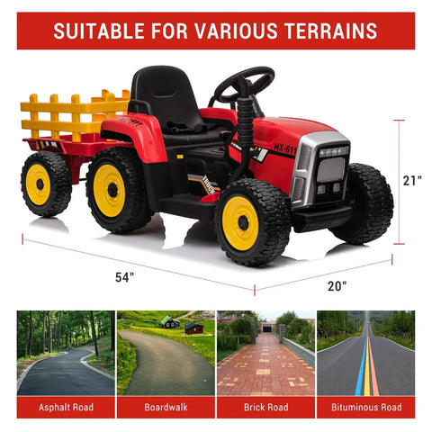 12V Kids Ride On Tractor With Trailer And Remote Control, Red Electric Tractor, EVA Wheels, Size shown, Suitable for Ages 3 to 6