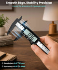 Person using Rechargeable Digital Caliper With Large LCD Screen In Mm Conversion Auto Off Protective Case 6 Inch Plastic Caliper